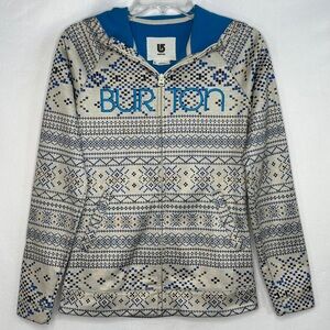 Burton Full Zip Hoodie Ivory Blue Nordic Fair Isle Print Fleece Lining Sz S